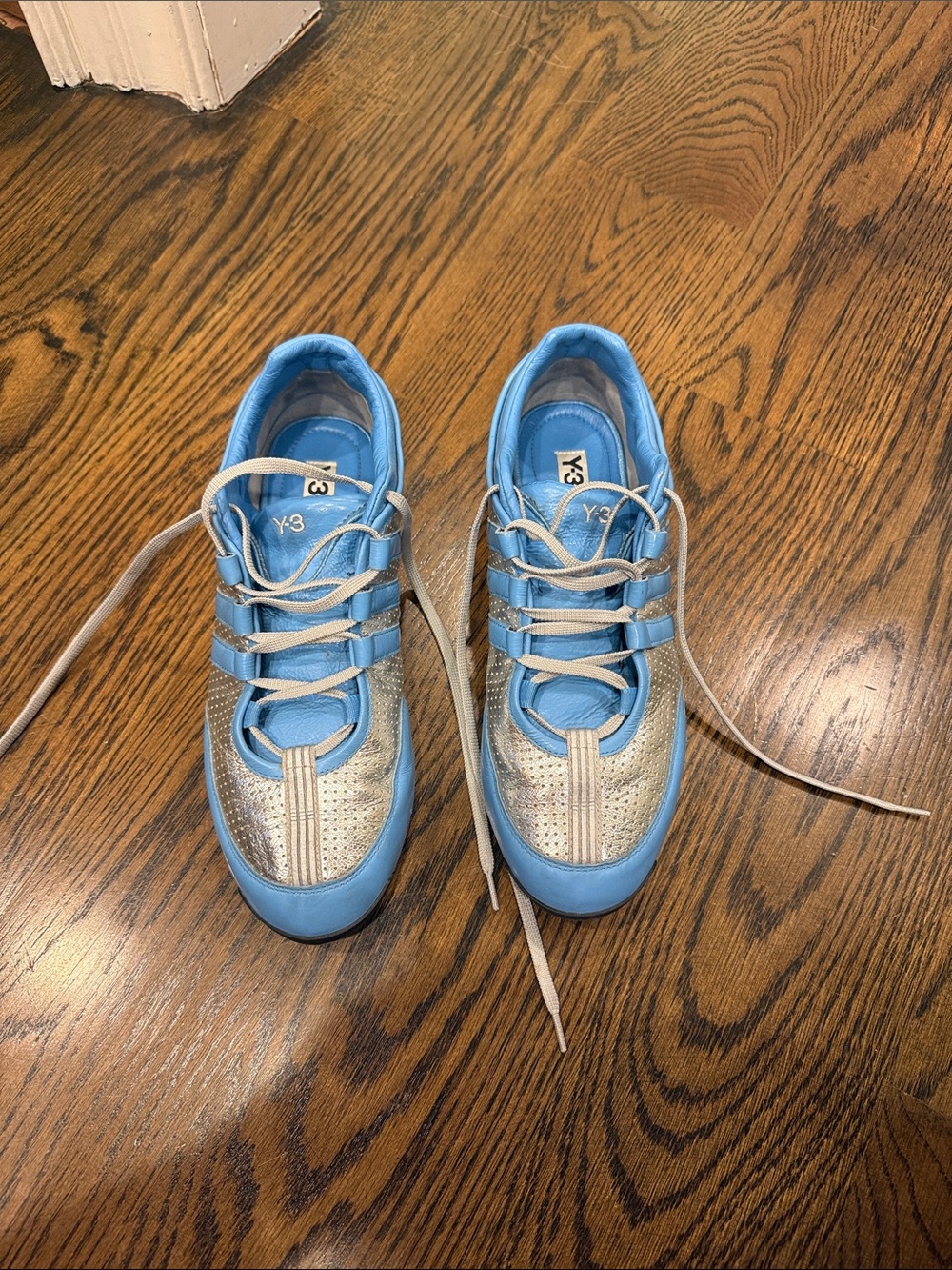 Y-3 Sky Blue and Metallic Silver Lace-Up Sneakers